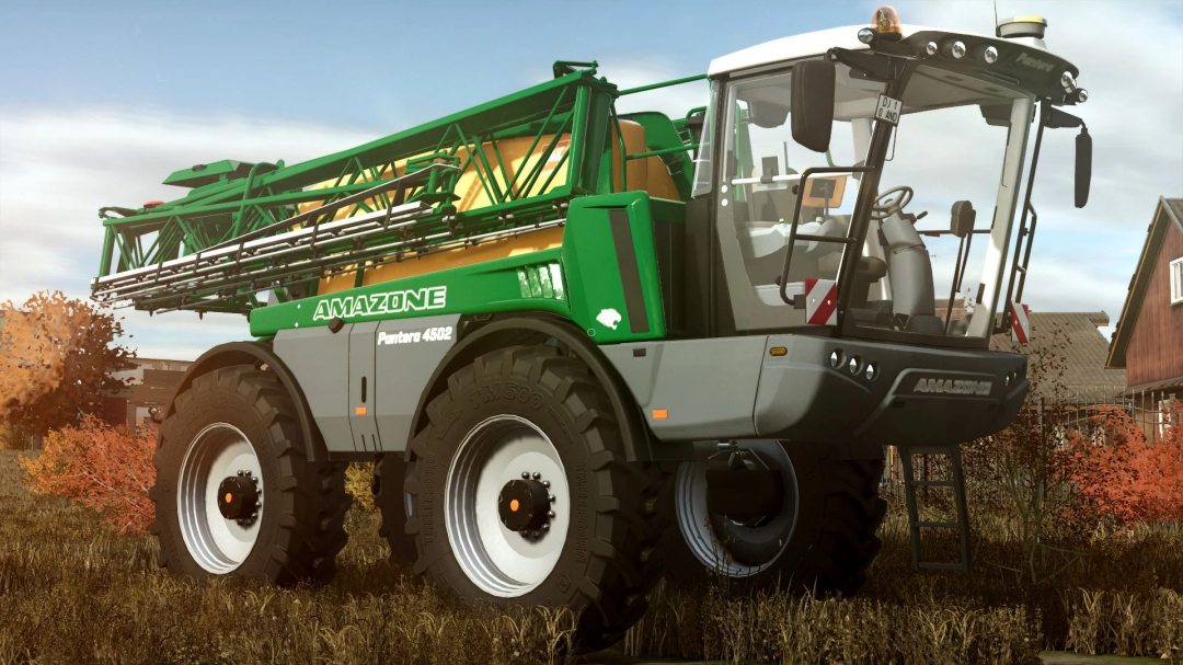 Amazone Pantera 4502 v1.0.0.0 mod for Farming Simulator 25, showcasing a green agricultural sprayer with large wheels.