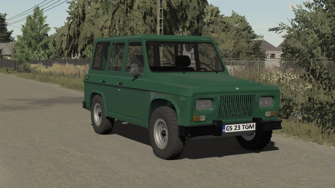 FS22 mod Aro 244 1972 v1.0.0.0, green off-road vehicle on country road in Farming Simulator 22.