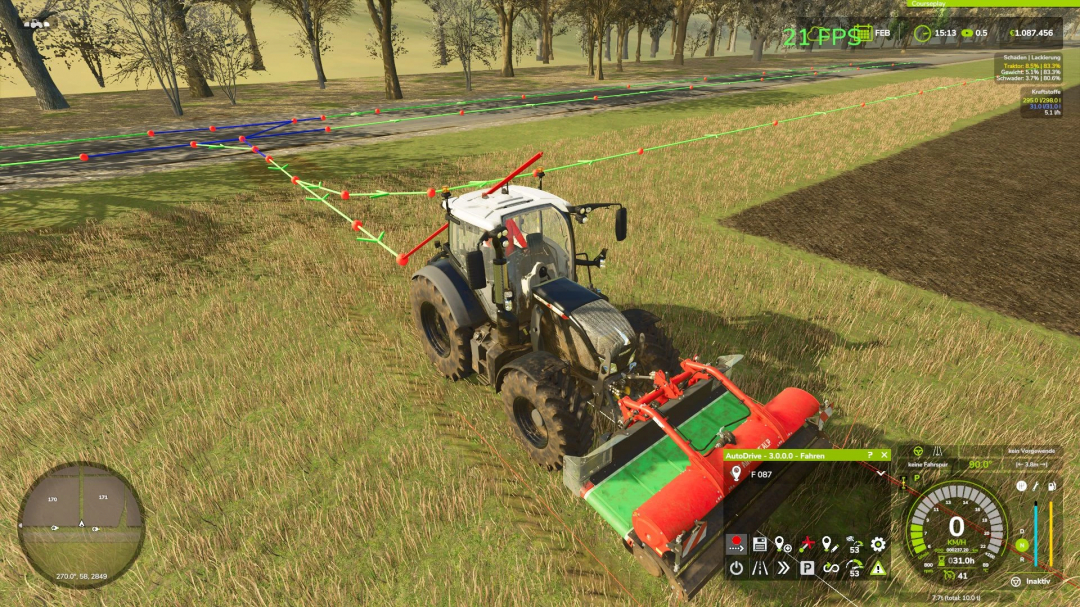 Tractor using Autodrive mod on US Flatlands Map in FS25, features navigation paths and interface.