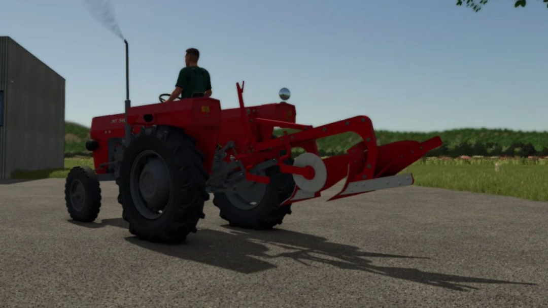 FS25 mod BI 756 v1.0.0.0 showcasing a red tractor with rear attachments on a paved area.