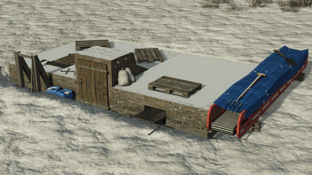 FS25 Basement For Collections mod v1.0.0.0 showing a storage area with tools and covered items on a snowy landscape.