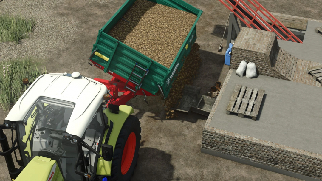 FS25 mod image showing a tractor unloading potatoes into a collection basement, highlighting the Basement For Collections mod.