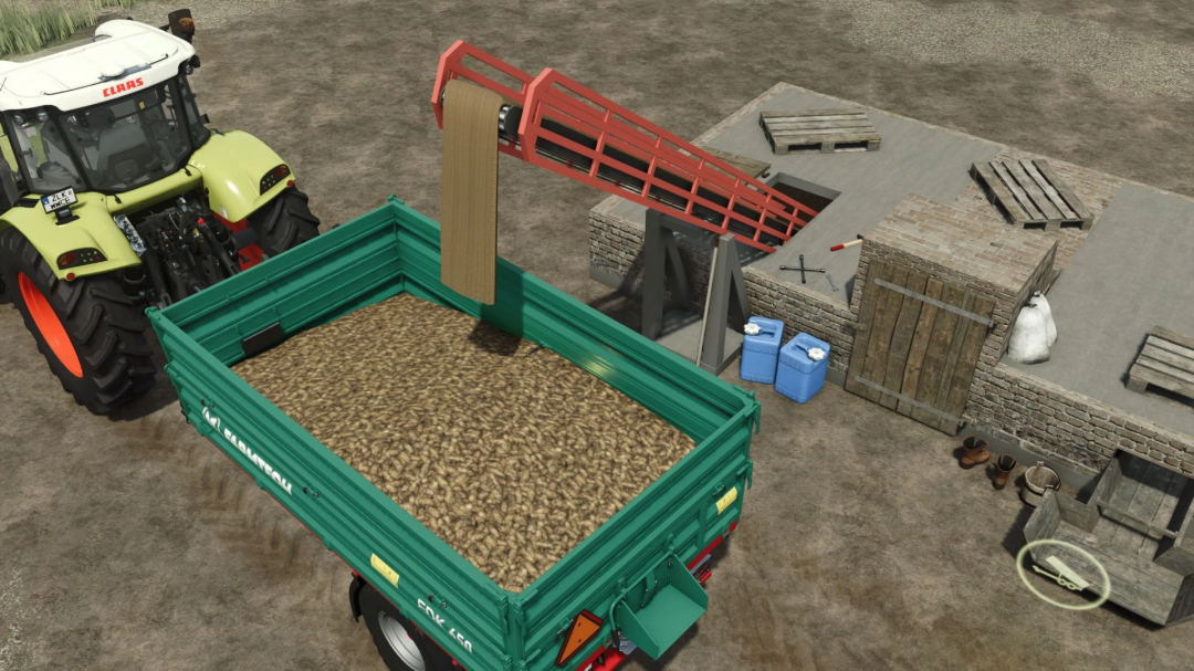 FS25 mod Basement For Collections v1.0.0.0: Tractor unloading seeds near a brick shelter with scattered tools and supplies.