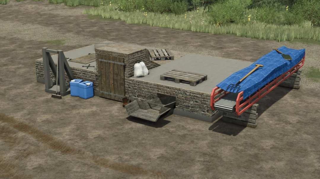 FS25 mod Basement For Collections featuring a rustic stone and wood structure with farm tools and equipment.