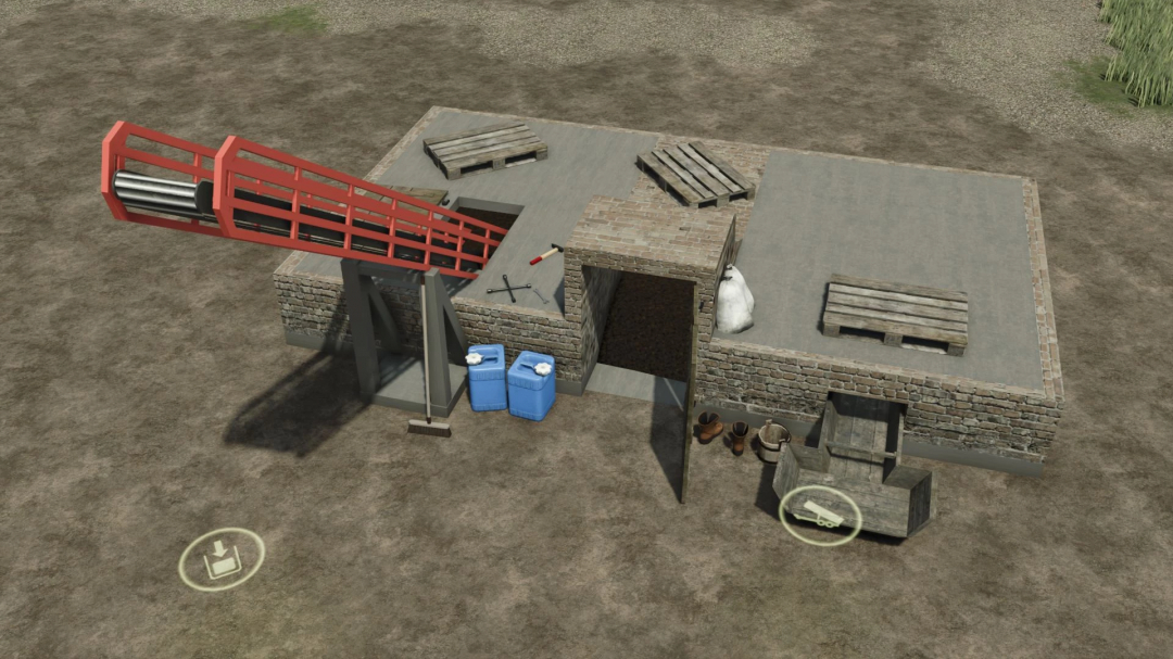 Basement For Collections mod in Farming Simulator 25 features a storage unit with pallets and tools on a dirt ground. FS25 mods.