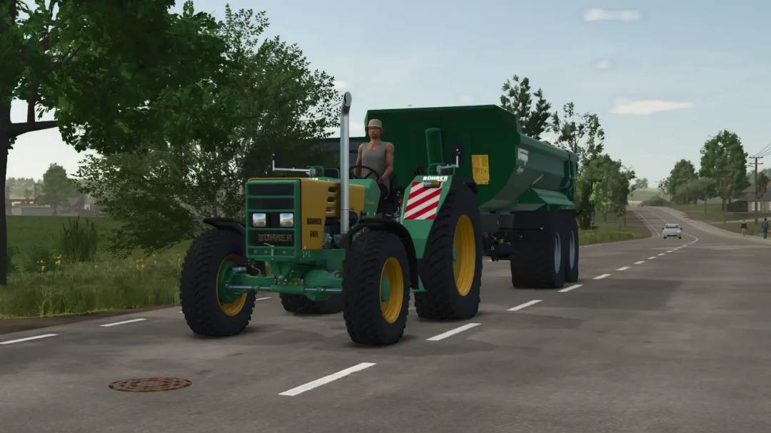 Bührer 6105 Series mod in FS25 with a tractor hauling a green trailer on a rural road.