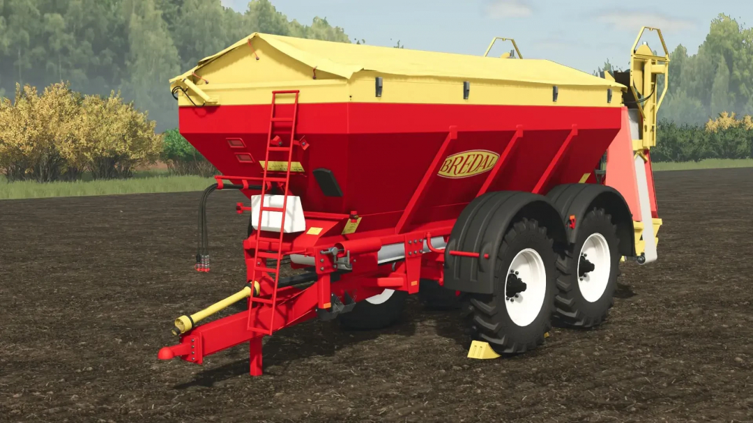 Bredal K165 fertilizer and lime spreader mod for FS25, featuring red and yellow design, on a farmland backdrop.