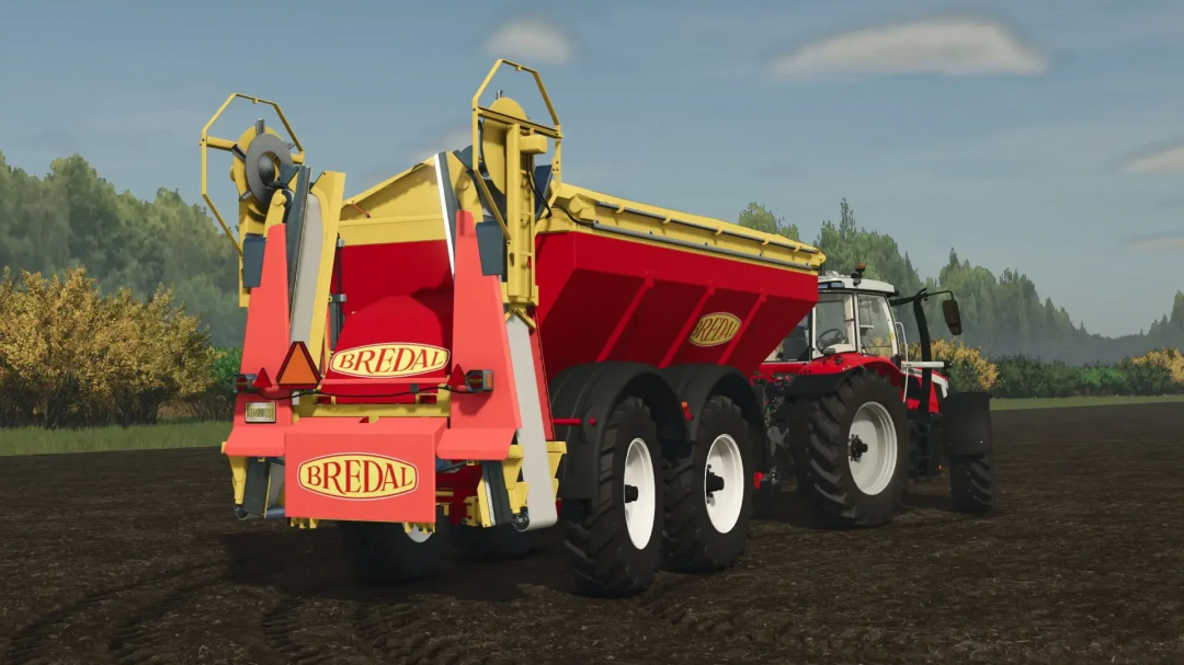 Bredal K165 fertilizer and lime spreader in FS25 mod, tractor attached, farming scene.