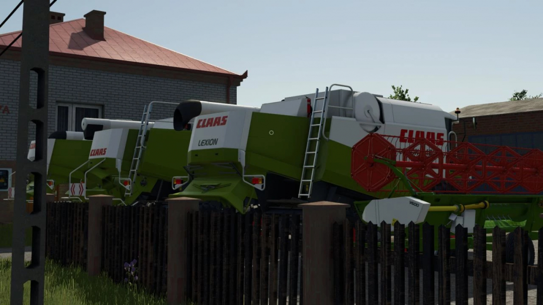 CLAAS Lexion combine harvesters from the FS25 mods pack parked next to a building.