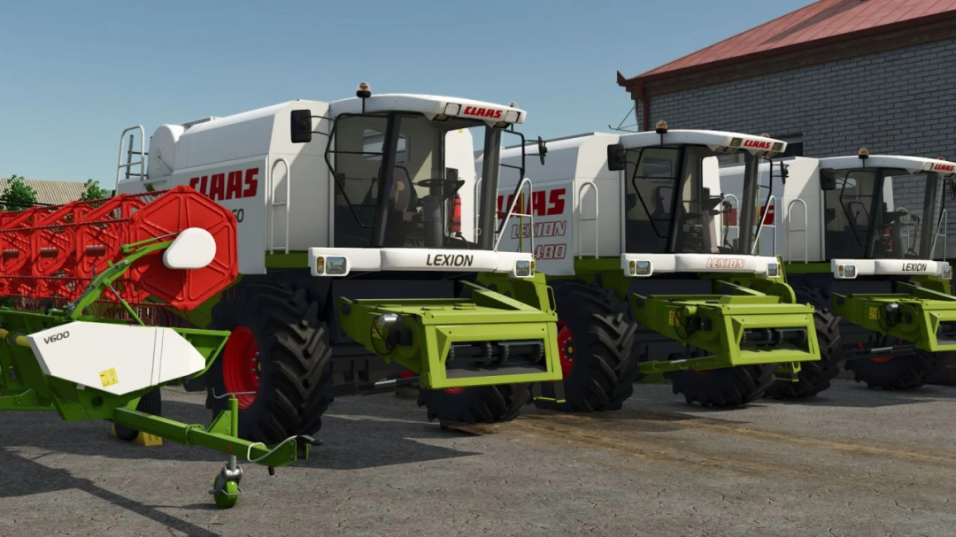 CLAAS Lexion 410-480 Pack mod for Farming Simulator 25 featuring multiple combine harvesters in a row.