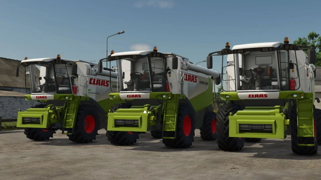 Three CLAAS Lexion 500 Series harvesters parked, featured in FS25 mods.