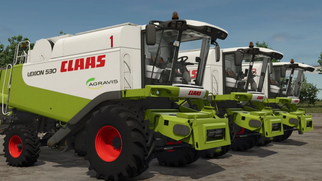 CLAAS Lexion 530 harvesters in Farming Simulator 25 mod. Features Agravis branding.