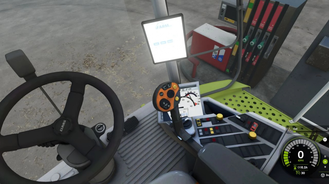 Interior view of CLAAS Lexion 500 Series in FS25 mod, showing steering wheel and control panel.