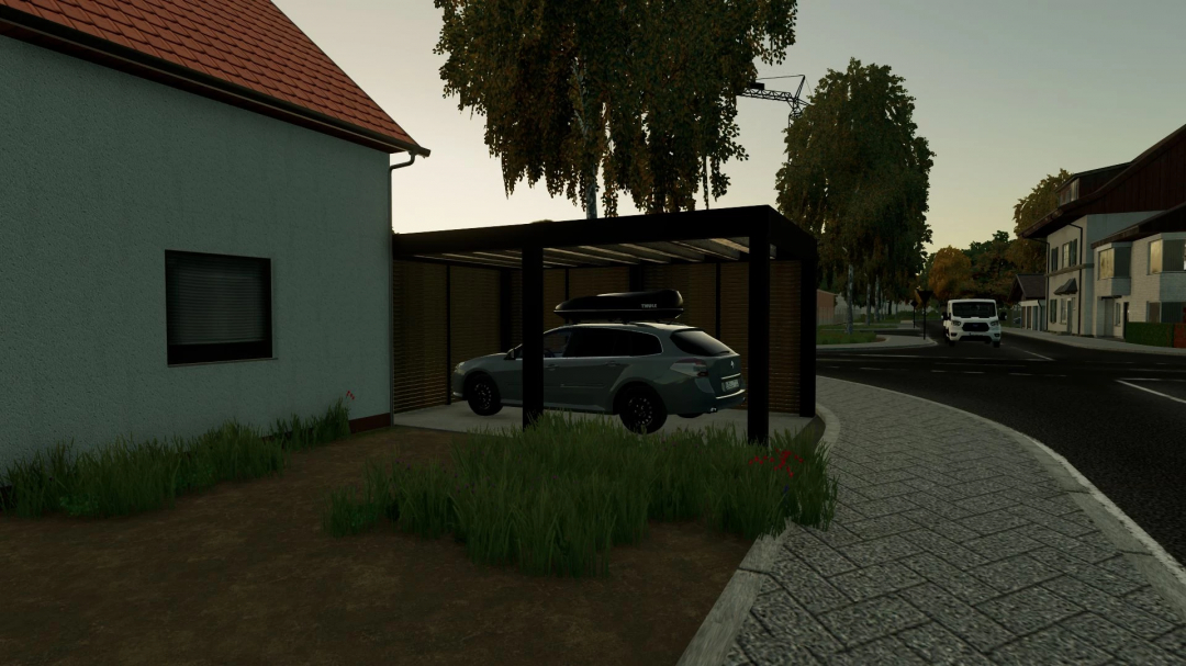 FS25 Carport Pack v1.0.0.0 mod showing a car parked under a modern carport beside a house.