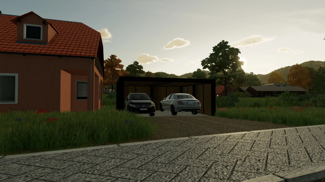 FS25 Carport Pack v1.0.0.0 showing two cars parked in a modern carport next to a red-roofed house, surrounded by lush greenery.