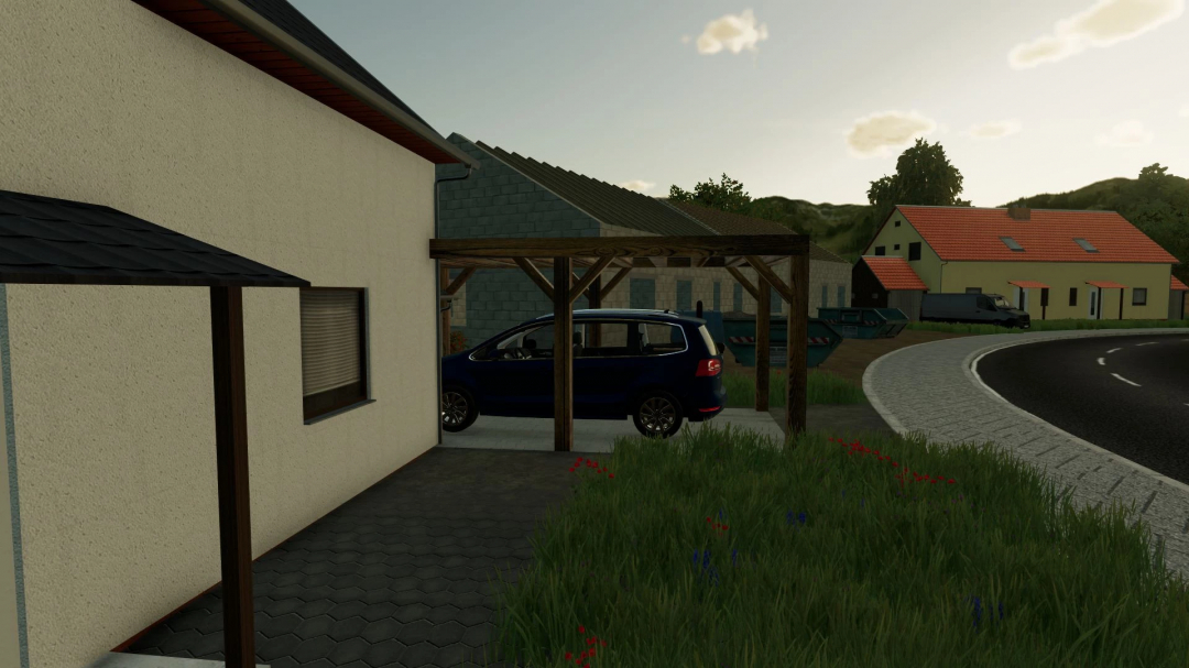 FS25 Carport Pack v1.0.0.0: A car parked under a wooden carport beside a house in Farming Simulator 25.