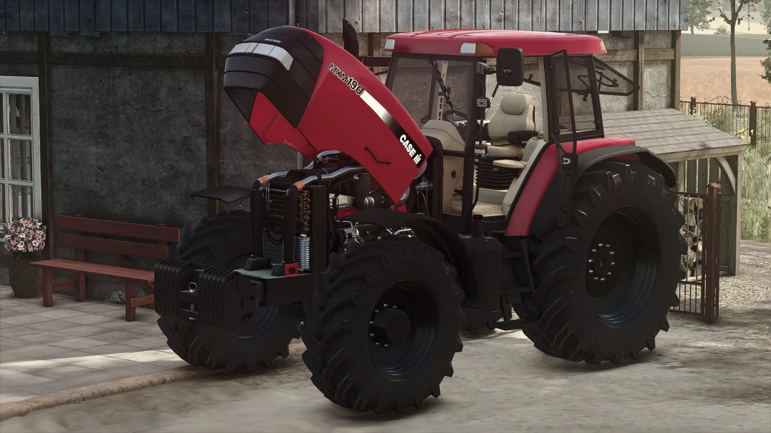 Case IH MXM 190 tractor mod for Farming Simulator 25, showcasing realistic details and open hood.