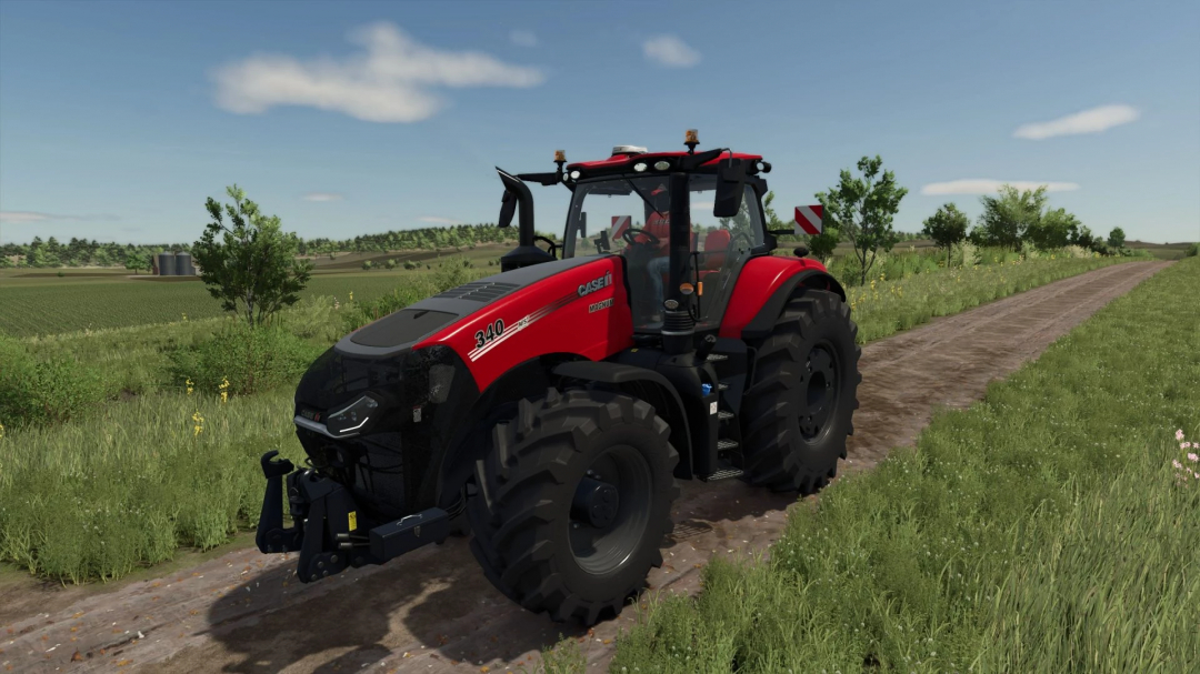 Case IH Magnum Black Knight tractor in FS25 mod, driving on a dirt path, surrounded by green fields.