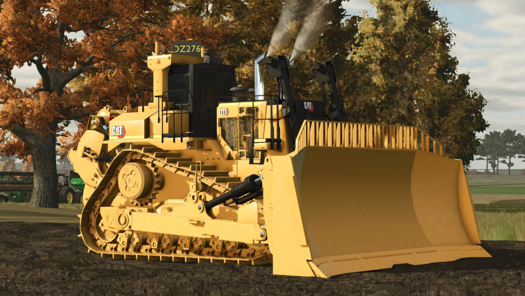 Cat D11 Next Gen Dozer mod for FS25, showcasing its detailed design in a scenic farm setting.