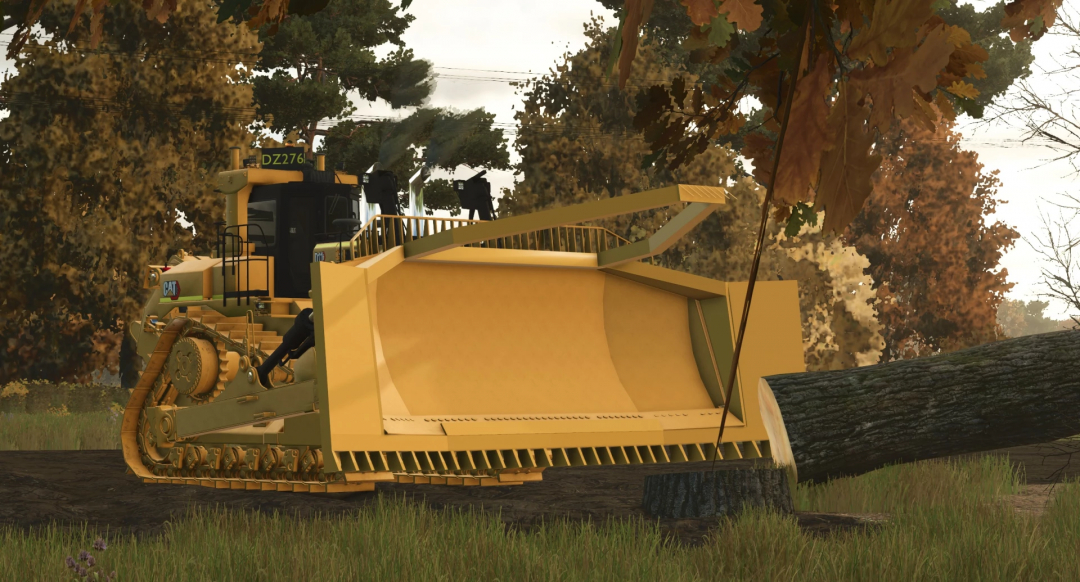 Cat D11 Next Gen Dozer mod in FS25, pushing a large tree in a wooded area.