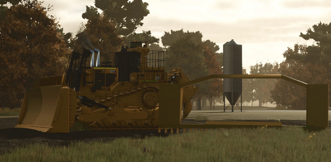 Cat D11 Next Gen Dozer mod for FS25, showcasing detailed construction machinery against a forested backdrop.