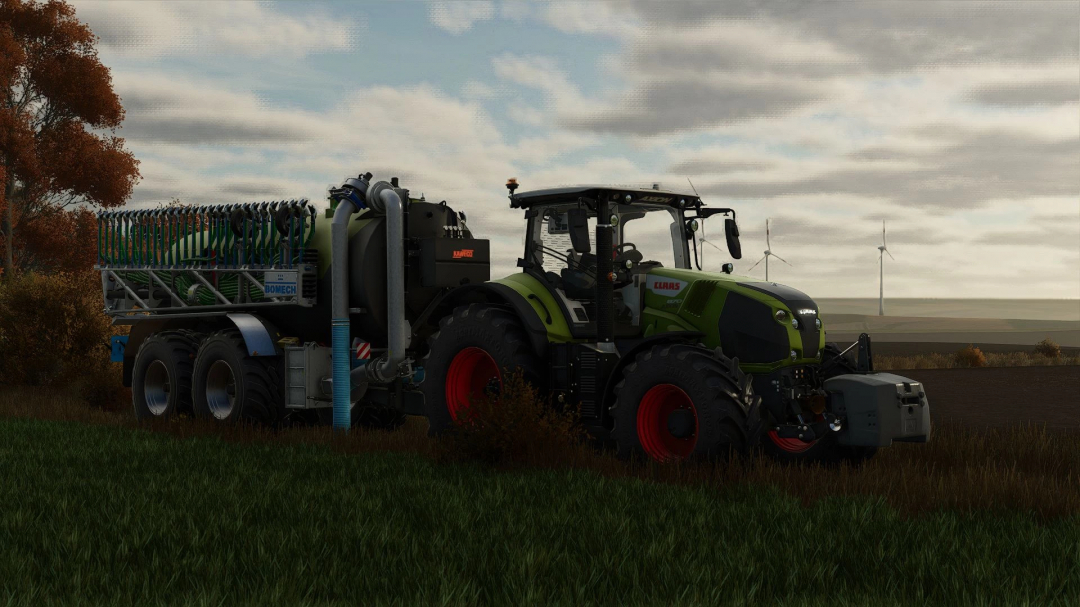 FS25 mod Claas Axion 800 tractor in a field with a fertilizer attachment, showcasing farming equipment in Farming Simulator 25.