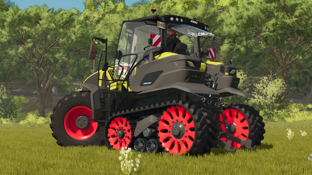 Claas Axion 900 TT Special tractor in FS25 mod. Features vibrant red wheels and track system, set in a lush green backdrop.