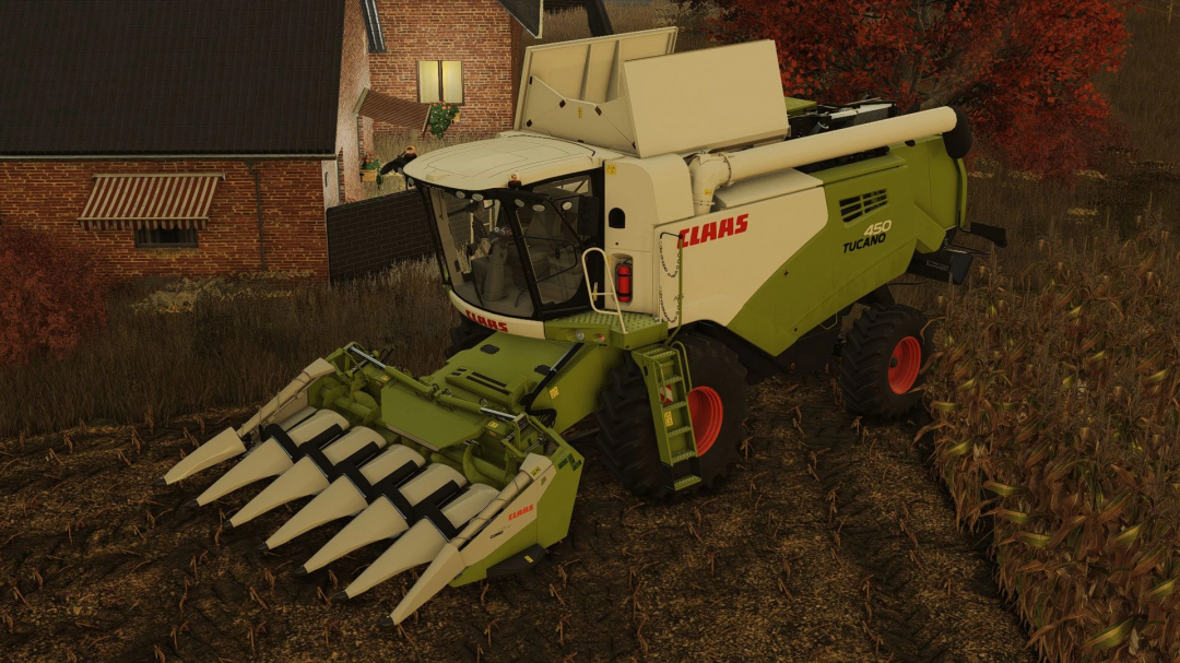 FS25 mod Claas Tucano Pack V1.0.0.0 combines harvest corn in a farm setting.