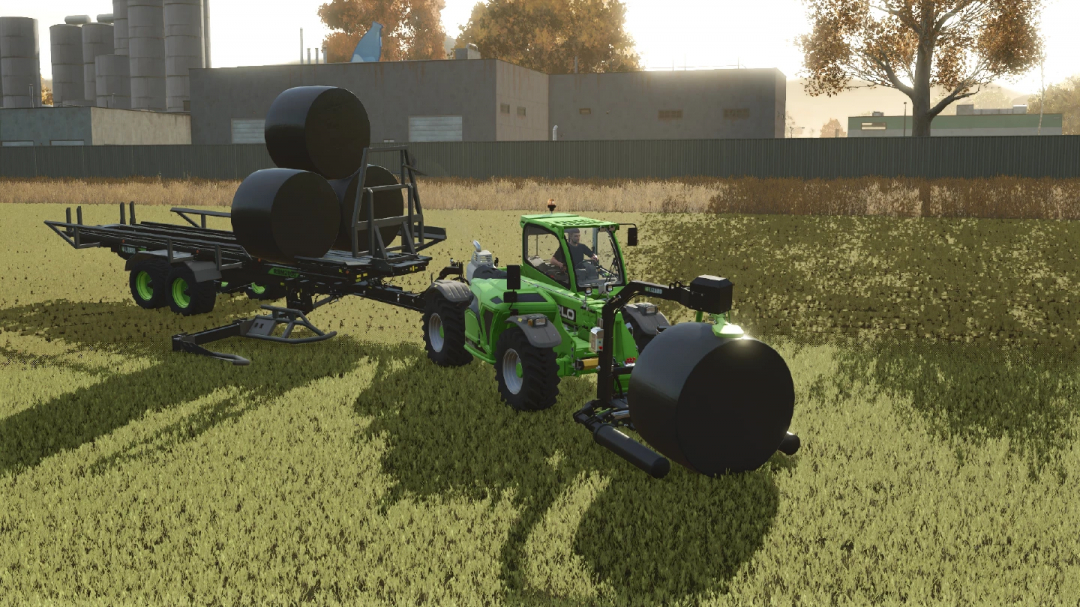 FS25 Custom Bale Support Pack v1.0.0.0 mod with tractor and bale trailer in a field.