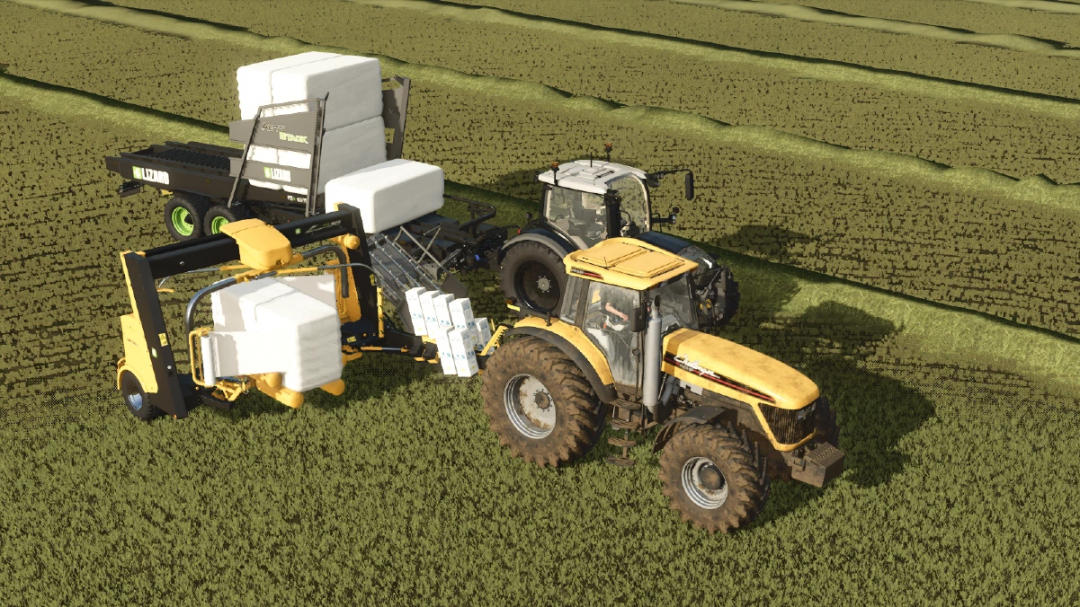 FS25 mod Custom Bale Support Pack v1.0.0.0 showcasing tractors with machinery on a field, highlighting efficient bale handling.