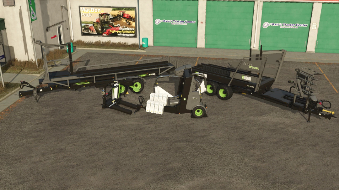 FS25 Custom Bale Support Pack v1.0.0.0 featuring various farming equipment like trailers and balers on a lot.