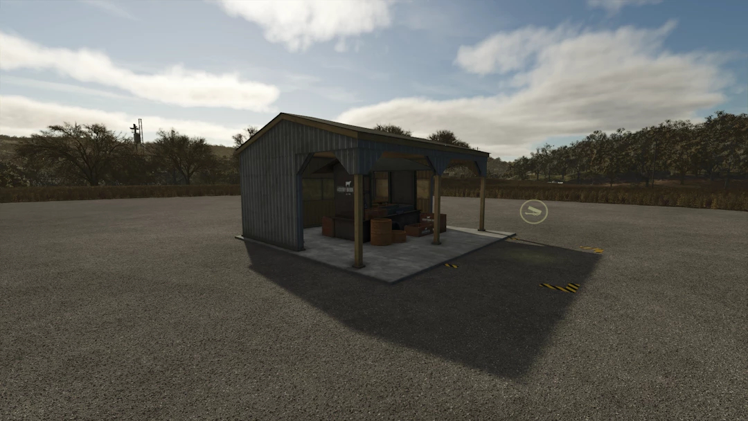 FS25 mod Dawgs Fast Food v1.0.0.0, featuring a small fast food stand with various items on display, in open outdoor setting.