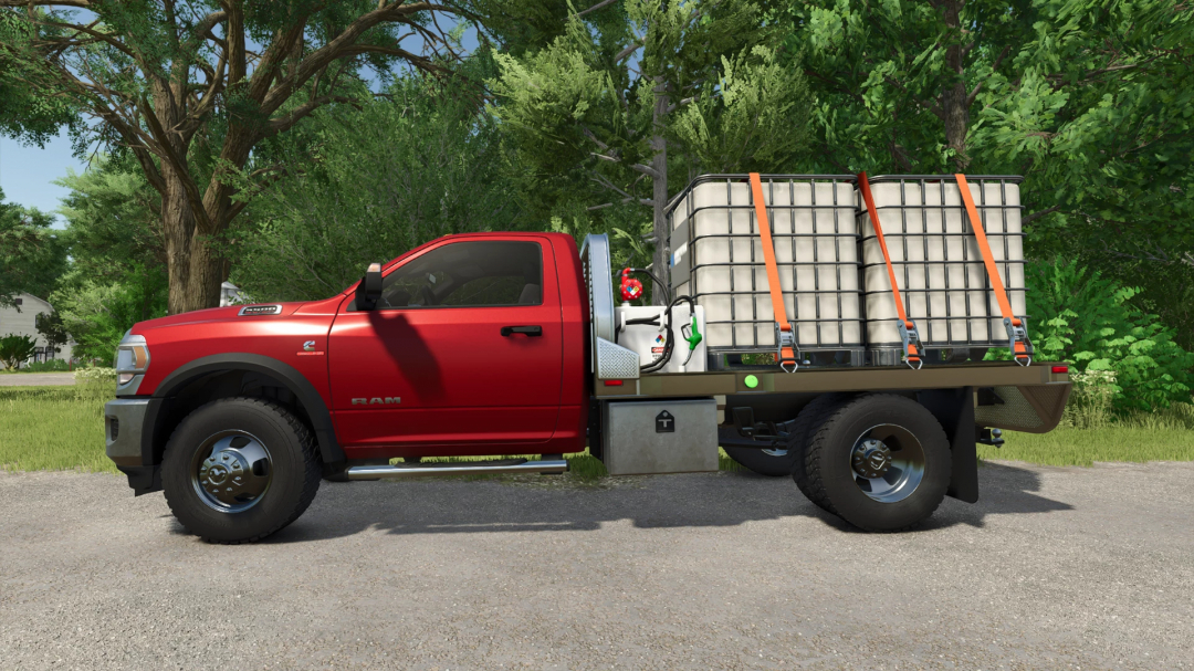 Dodge Ram 5500 mod v1.4.0.0 for FS25, featuring a red pickup with cargo loaded on a flatbed in a lush green environment.