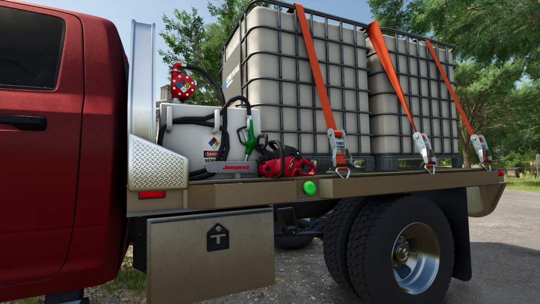 FS25 Dodge Ram 5500 mod, v1.4.0.0, showing a loaded flatbed with fuel tanks and equipment in Farming Simulator 25.