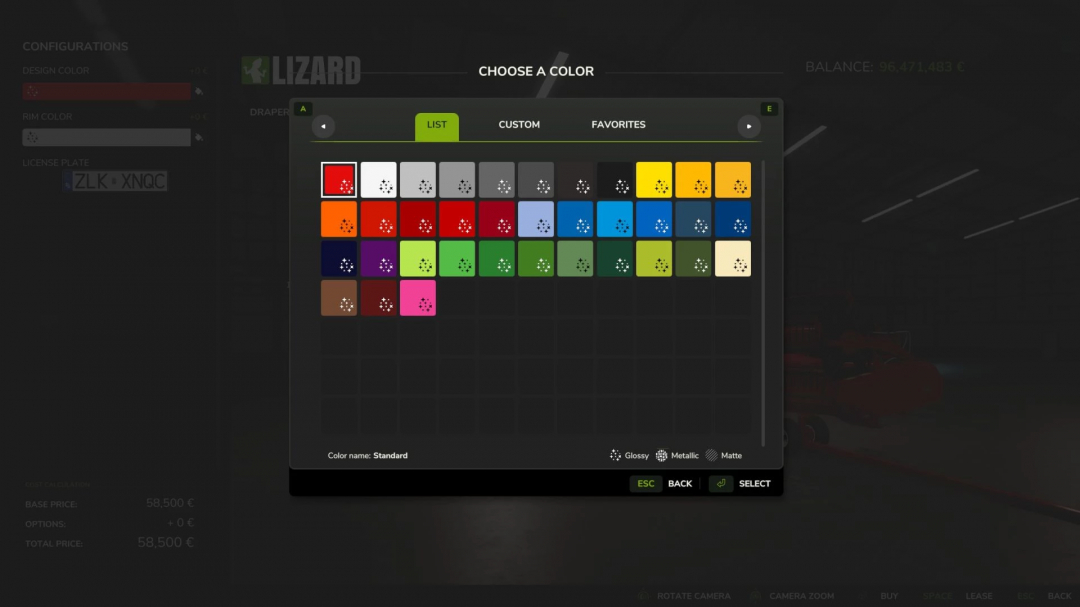 FS25 mod Draper Stream 900 color selection screen, showing various color options for customization.