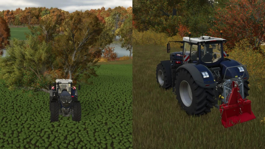 EGV 25K tractor mod in Farming Simulator 25, featuring a red equipment attachment in an autumn landscape. FS25 mods enhance gameplay.