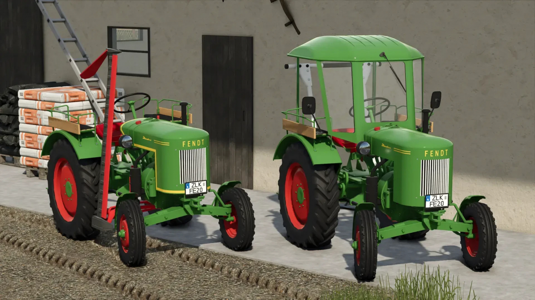 FS25 mods: Two classic Fendt tractors parked near a wall in Farming Simulator 25.