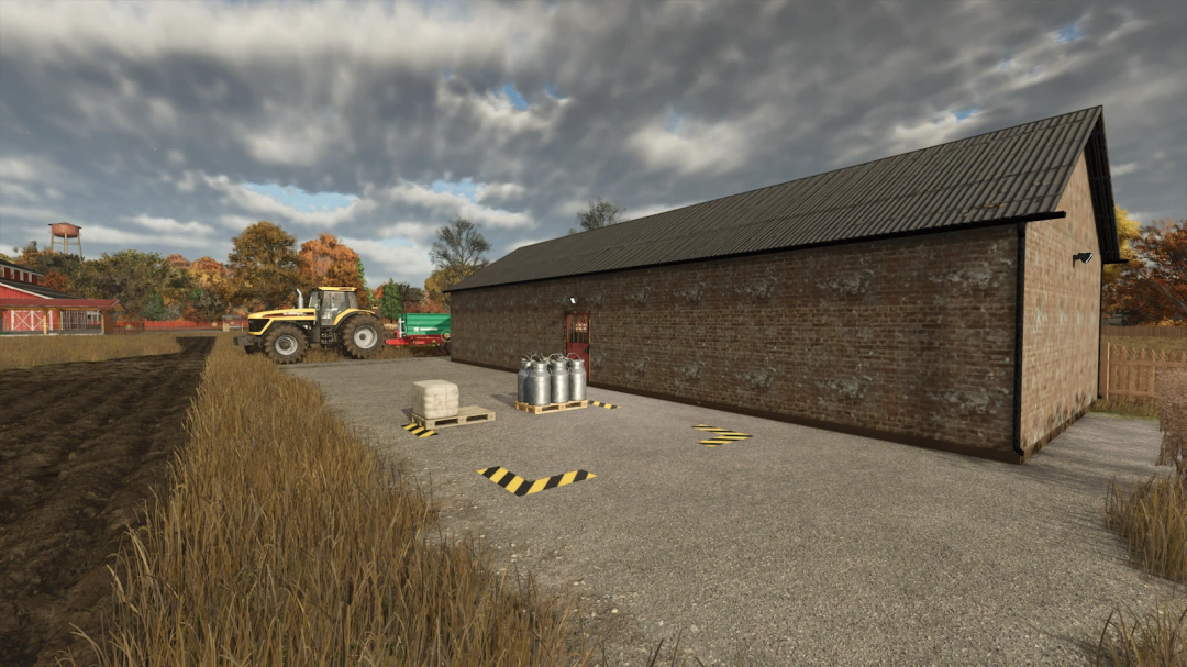 FS25 mod English Style Sheep Barn v1.0.0.0 featuring a rustic barn, tractor, and farm scenery in Farming Simulator 25.