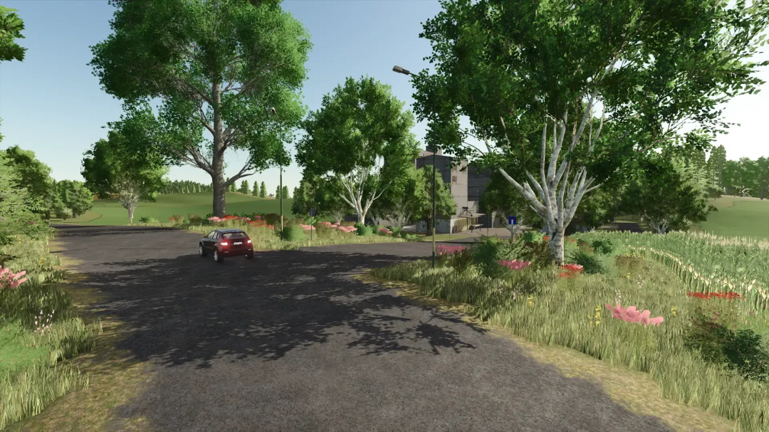 A scenic road in Farming Simulator 25's FBM25 Sonnental mod, featuring lush trees and a distant vehicle.