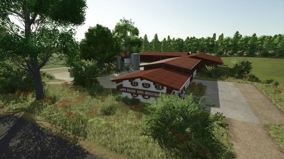 FS25 mod FBM25 Sonnental v1.0.0.0 showing a rustic farm with red-roofed buildings surrounded by trees.