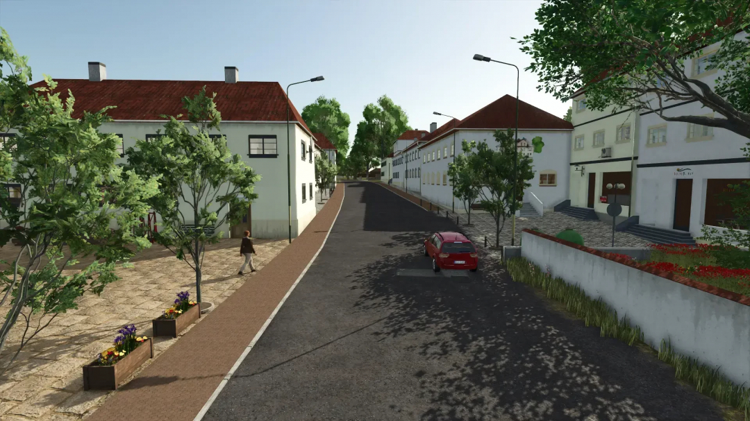 Urban street scene in FS25 Sonnental mod, featuring houses, trees, and a parked car, part of Farming Simulator 25 mods.