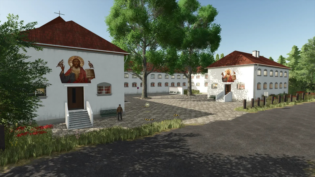 FS25 mod FBM25 Sonnental v1.0.0.0: scenic courtyard with painted buildings, trees, and benches.