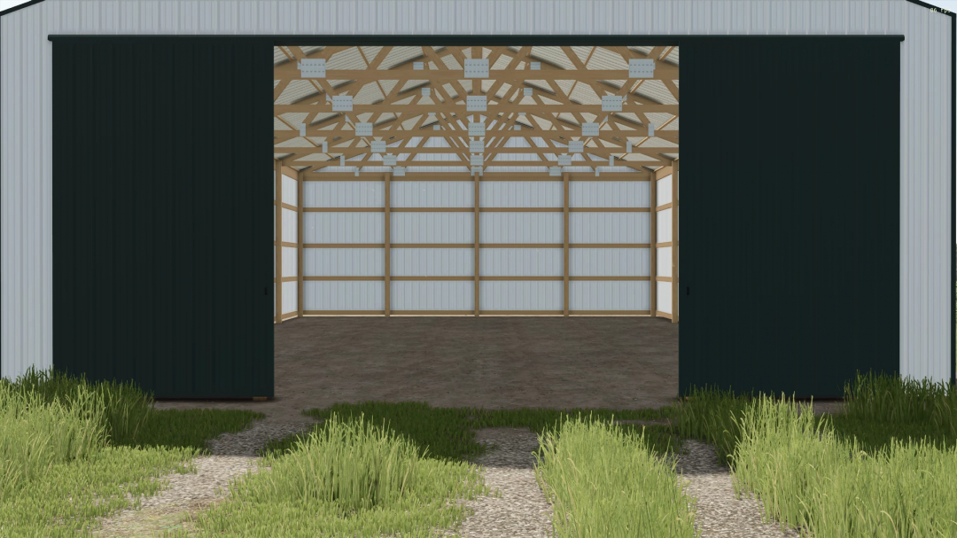 FS25 mod 40x70 shed with open doors, showcasing the wooden truss structure and grassy entrance. Ideal for Farming Simulator 25 mods.