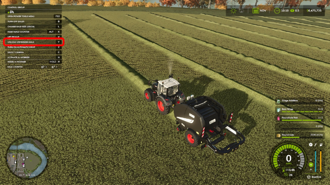 FS25 Lizard ProBale v1.0.0.0 mod in action, showing a tractor baling hay on a field with control menu overlay in Farming Simulator 25.