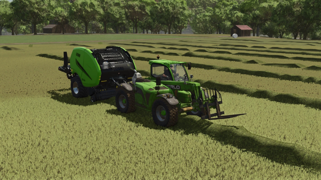 FS25 Lizard ProBale mod in Farming Simulator 25, green tractor with baler on a grassy field.