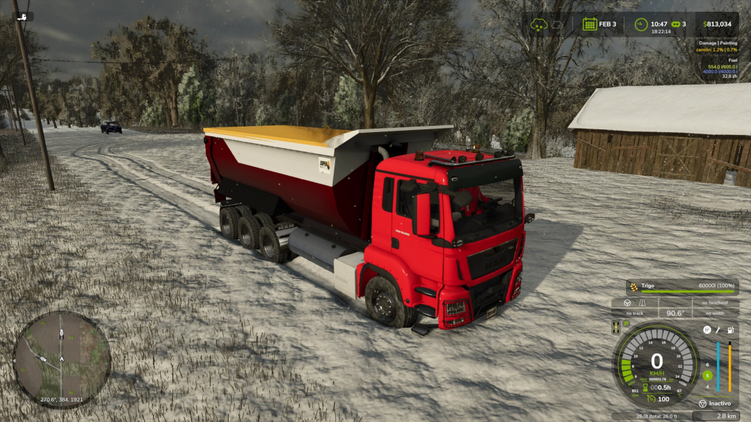 FS25 Man Dumper v1.0.0.0 mod shown in snowy terrain in Farming Simulator 25.