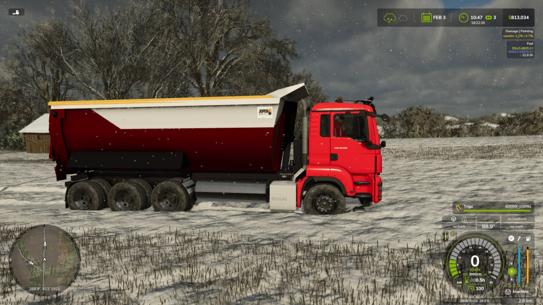 FS25 Man Dumper v1.0.0.0 mod in snowy landscape, Farming Simulator 25