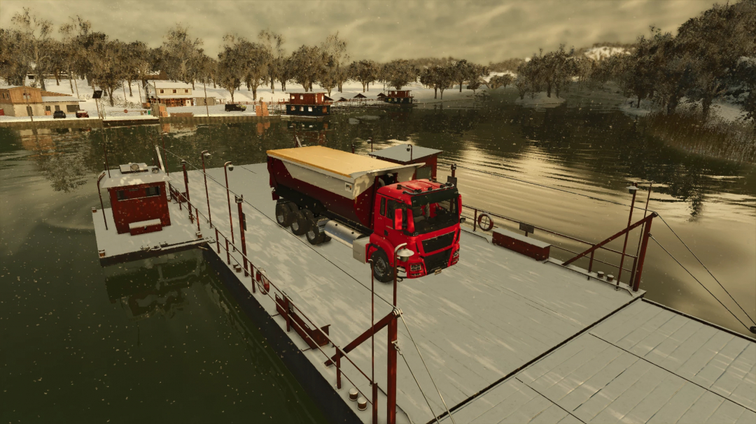 FS25 mod image featuring a red Man Dumper v1.0.0.0 on a snowy dock by a lake in Farming Simulator 25.