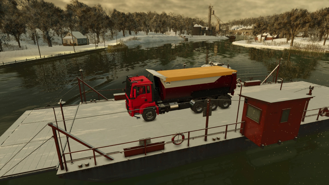 FS25 Man Dumper v1.0.0.0 on barge amidst snowy landscape in Farming Simulator 25.