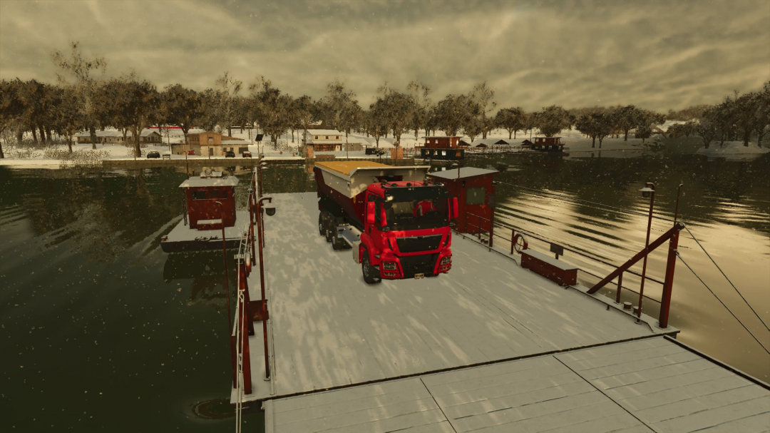 FS25 Man Dumper v1.0.0.0 mod on a snowy barge in Farming Simulator 25.